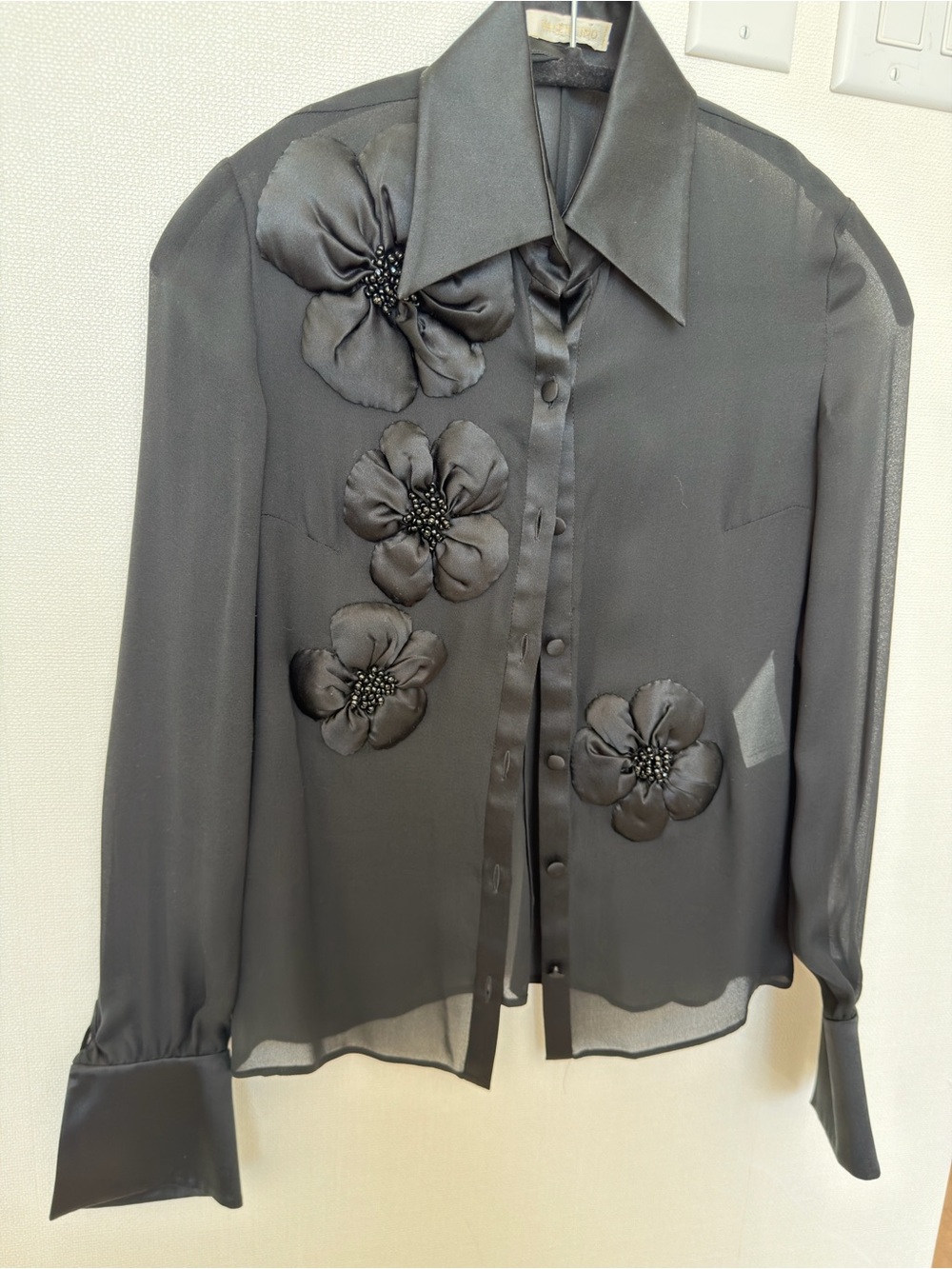 Valentino Couture Black Silk Chiffon Floral Button Blouse Size 4 - Picture 13 of 16
